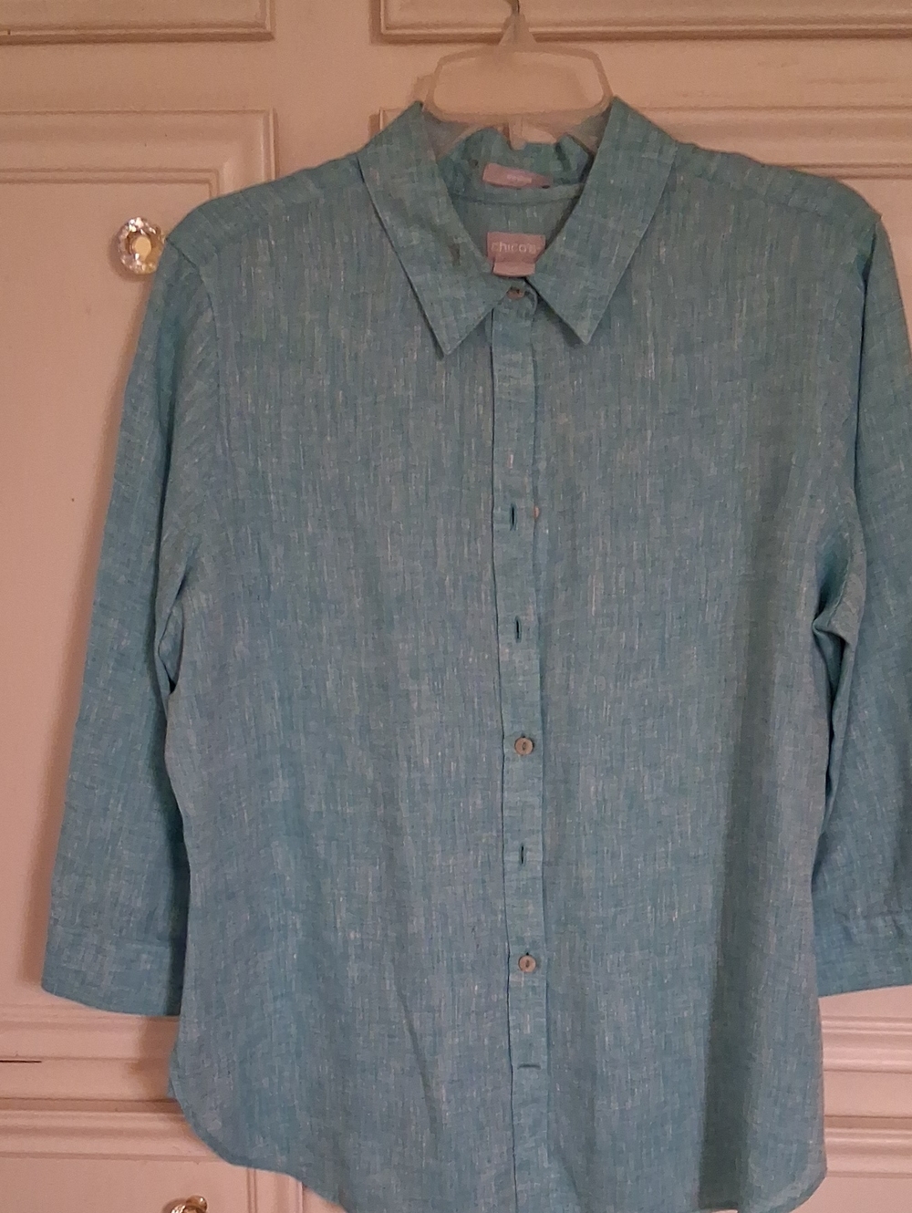 Chico's Aqua Blue Linen-Blend Button Down Shirt